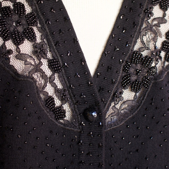 Vintage Talbots 100% Wool Beaded & Lace Knitted Black Button Down Vest Size L - Picture 5 of 16